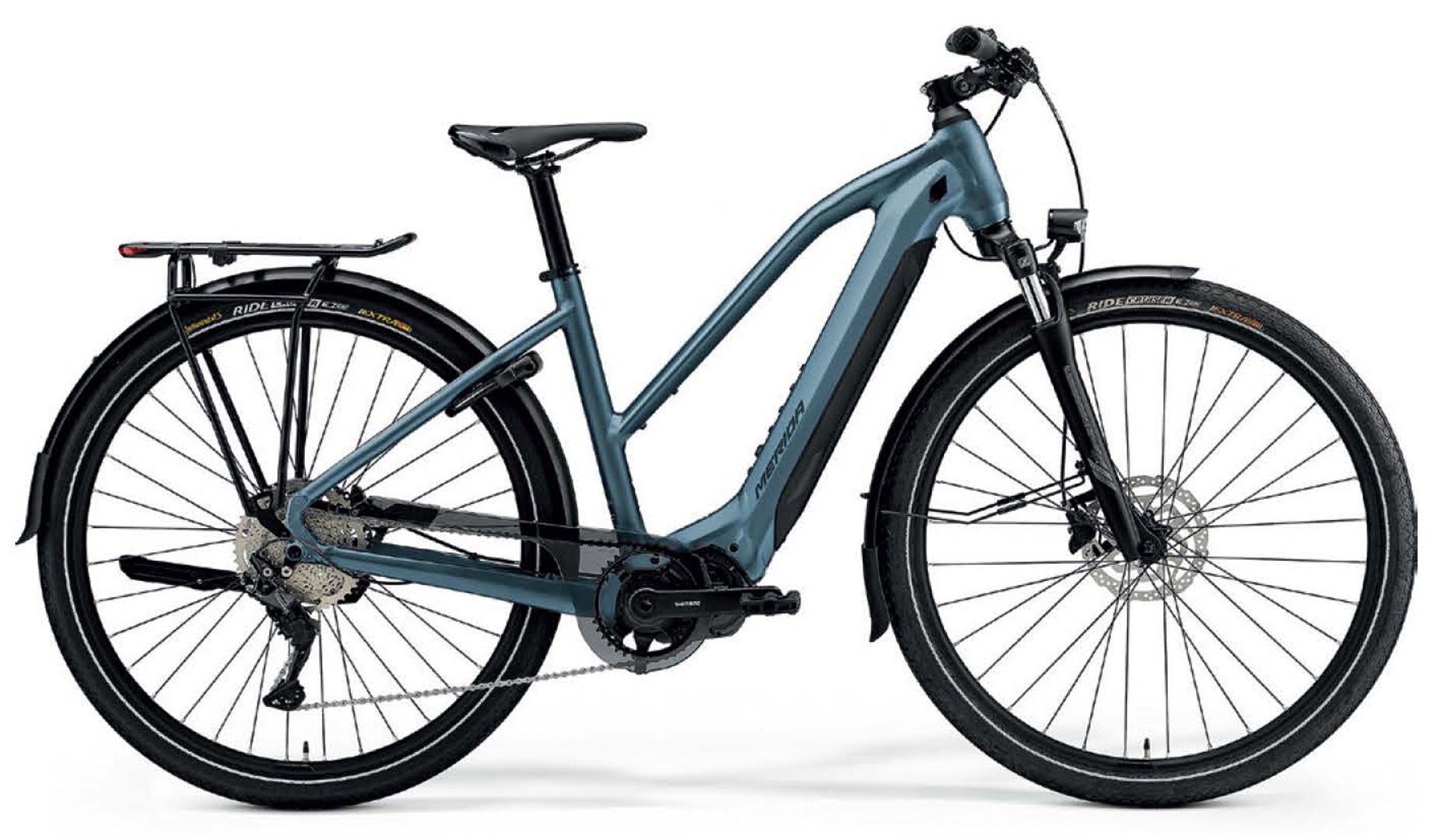 Merida eSPRESSO L 500 EQ electric city bike in silk steel blue with Shimano EP6 motor and integrated battery
