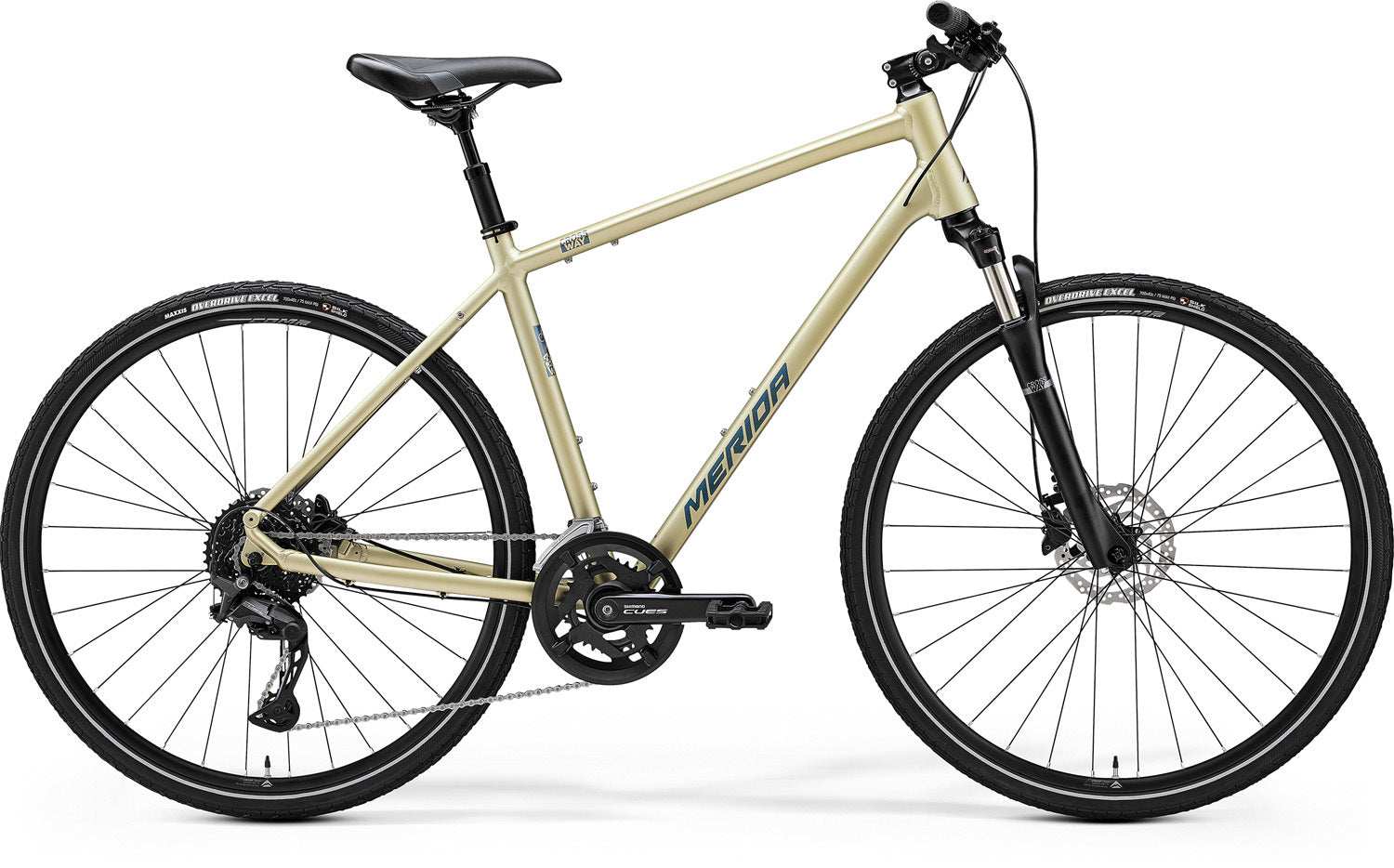 vtc merida crossway 300 2024, couleur champagne et bleu, cadre aluminium, roues 700C, freins Tektro Draco.