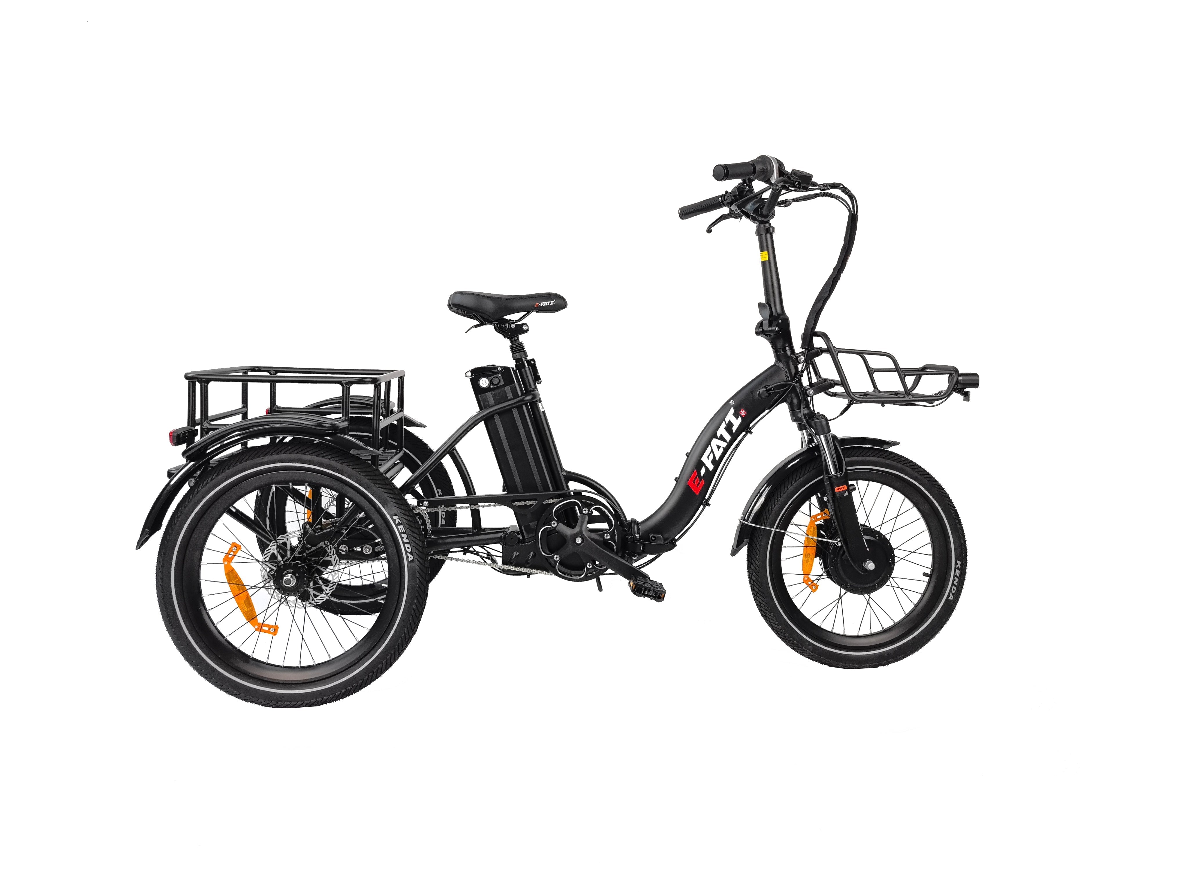 Tricycle électrique E-FATI TSU noir pliable avec suspension, adapté pour confort et maniabilité.