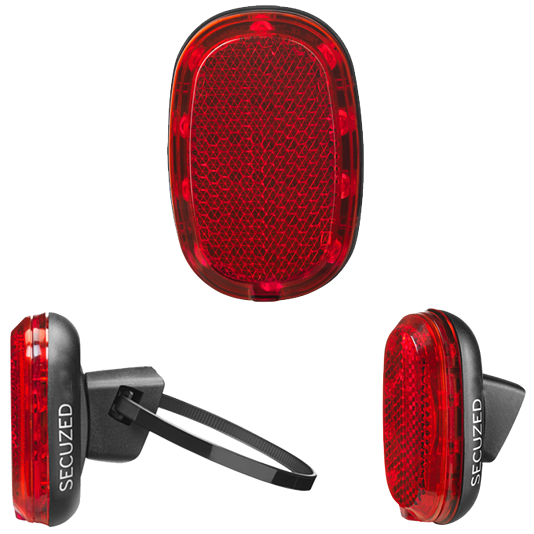Feu arrière LED compact SECUZED pour e-bike, 6-15V, montage flexible garde-boue, tige de selle, haubans, réflecteur intégré, haute visibilité.